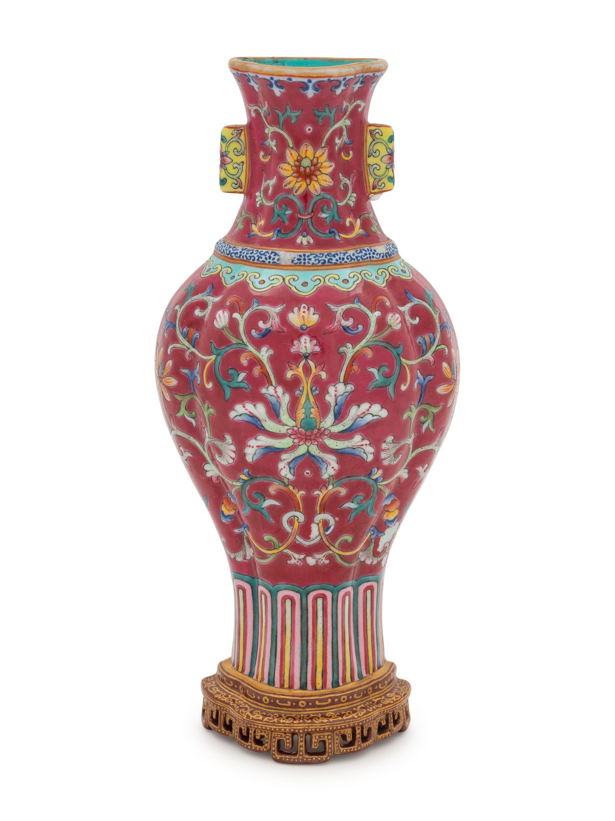 A Ruby-Red Ground Famille Rose Wall Vase
