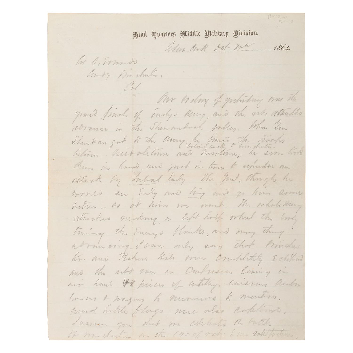 [CIVIL WAR]. FORSYTH, James W. (1834-1906). ALS to Col. Edwards describing Gen. Sheridan's victory at the Battle of Cedar Creek. 20 Oct 1864.