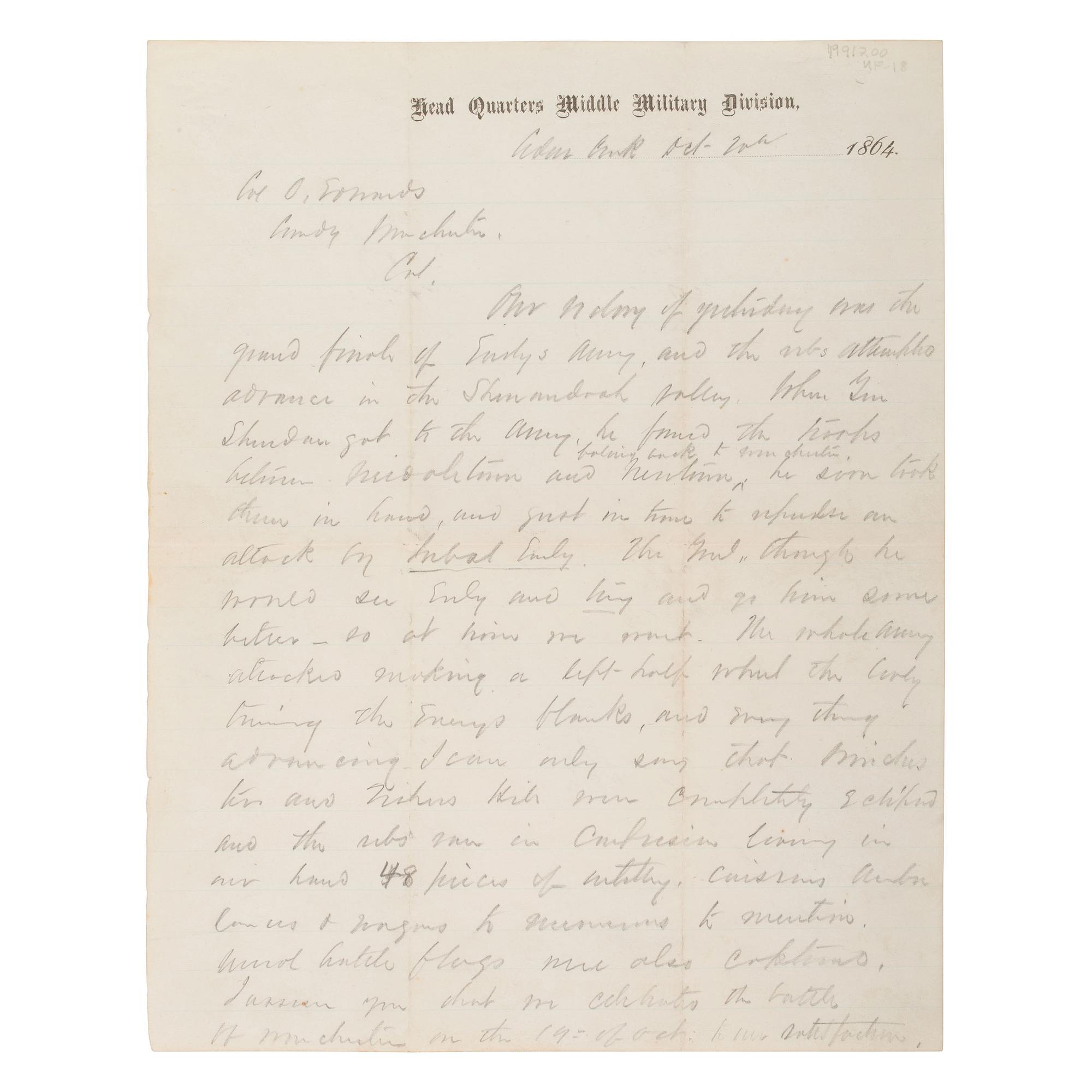 [CIVIL WAR]. FORSYTH, James W. (1834-1906). ALS to Col. Edwards describing Gen. Sheridan's victory at the Battle of Cedar Creek. 20 Oct 1864.