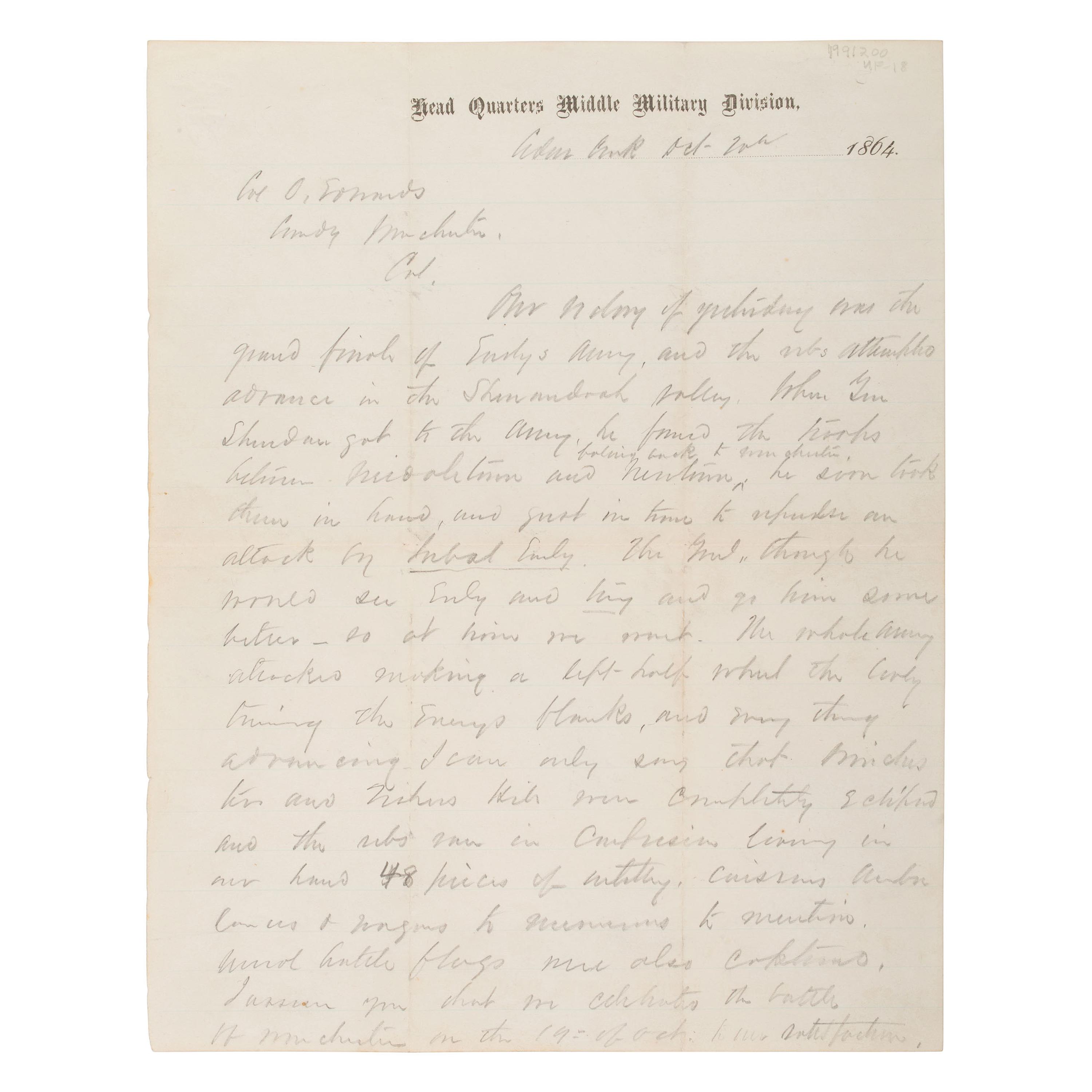 [CIVIL WAR]. FORSYTH, James W. (1834-1906). ALS to Col. Edwards describing Gen. Sheridan's victory at the Battle of Cedar Creek. 20 Oct 1864.