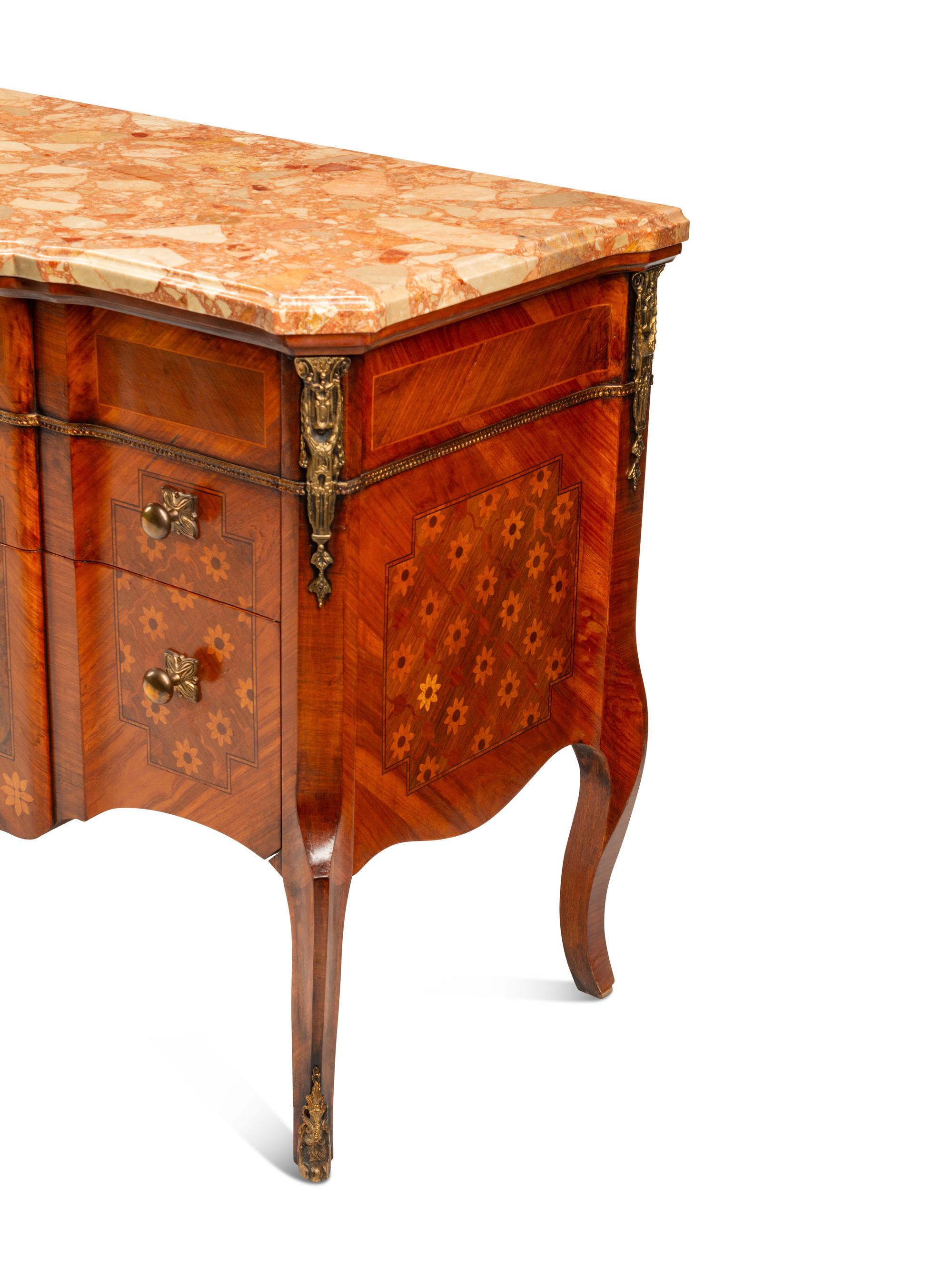 A Pair of Louis XV/XVI Transitional Style Gilt Bronze Mounted Marquetry Marble-Top Commodes