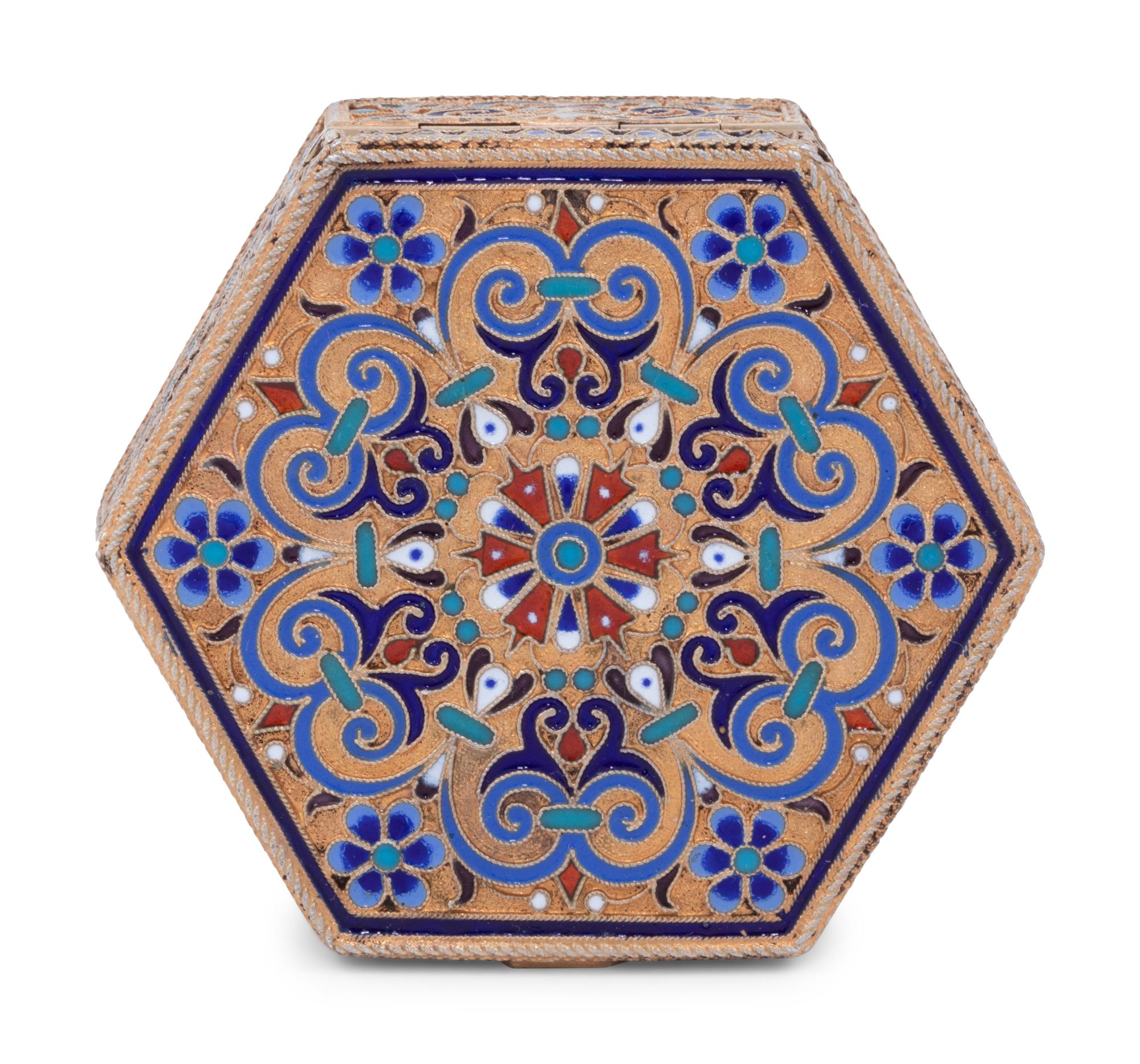 A Russian Enameled Silver-Gilt Hexagonal Snuff Box