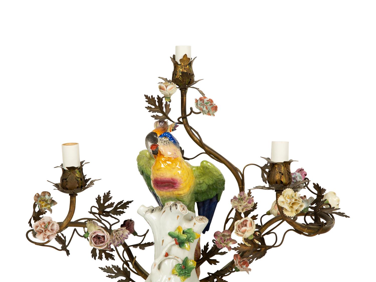 A Near Pair of French Porcelain, Gilt Bronze and Tole Lamps Mounted with Porcelain Parrots — LATE 19TH/EARLY 20TH CENTURY