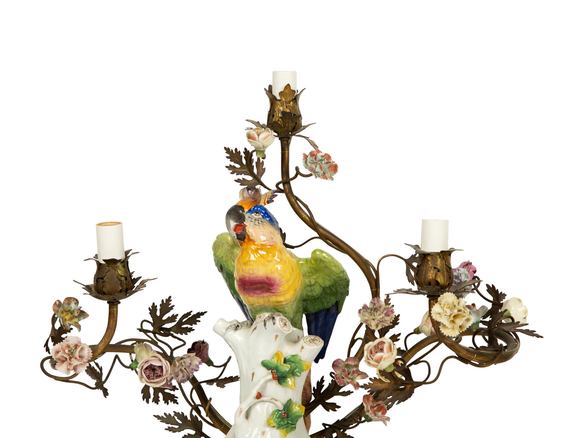 A Near Pair of French Porcelain, Gilt Bronze and Tole Lamps Mounted with Porcelain Parrots — LATE 19TH/EARLY 20TH CENTURY