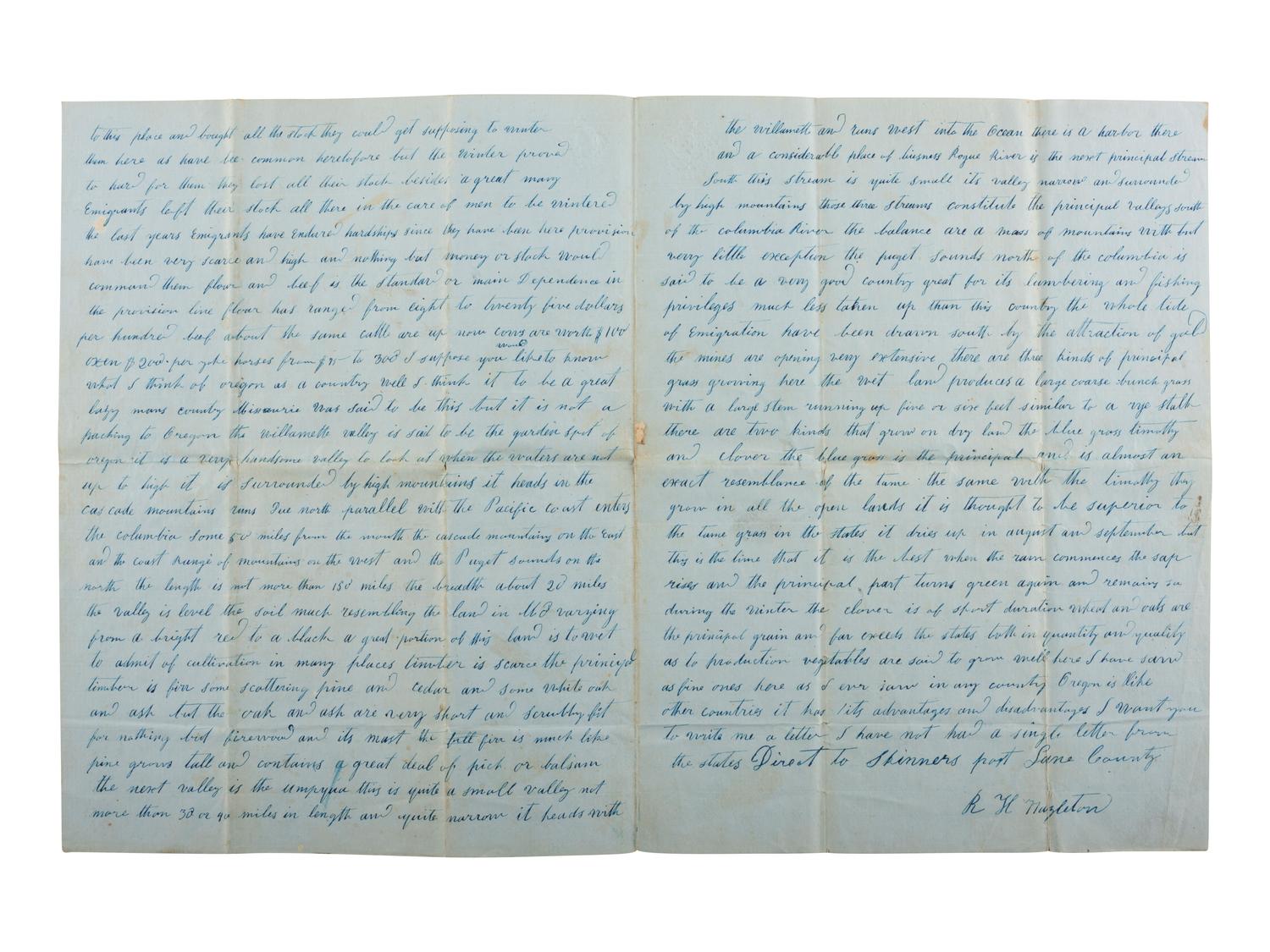 [WESTWARD EXPANSION]. Letter describing the Oregon Territory and settler hardships, 1853.