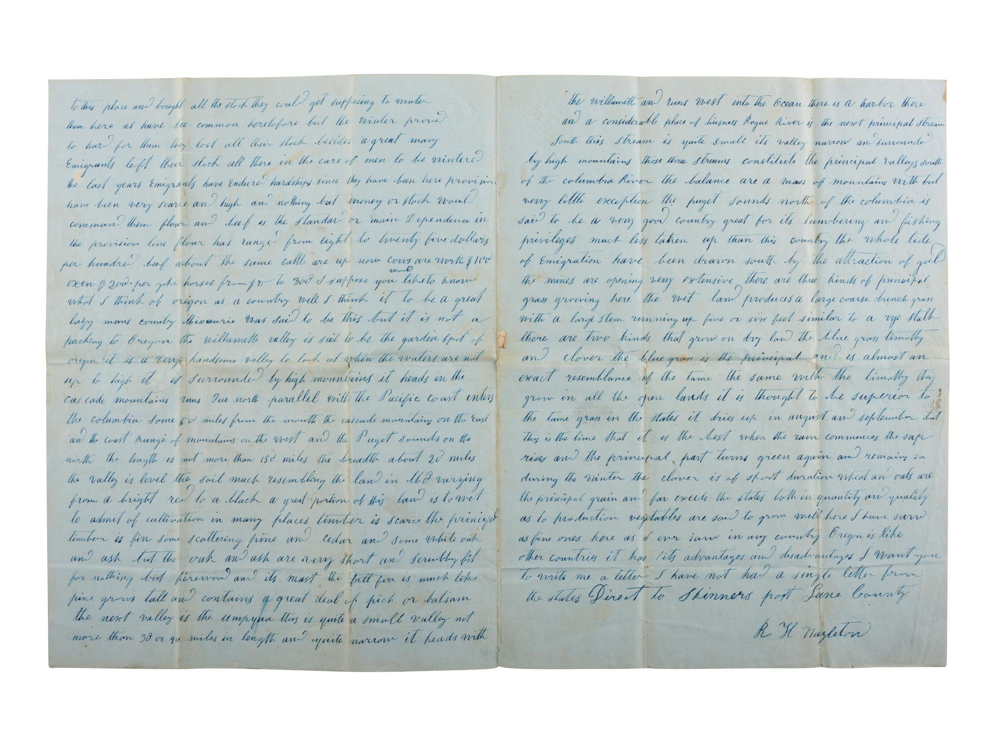 [WESTWARD EXPANSION]. Letter describing the Oregon Territory and settler hardships, 1853.