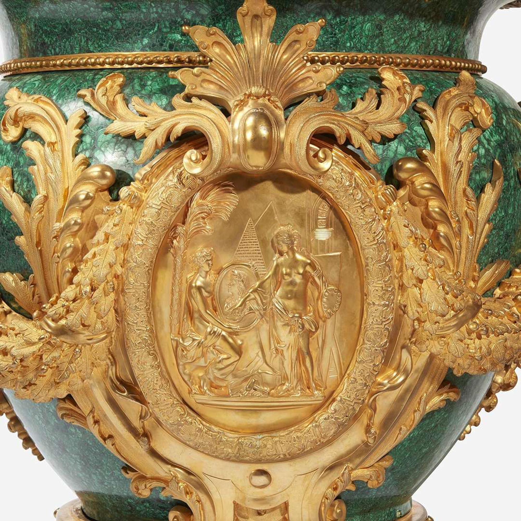 An Impressive Pair of Louis XVI Style Malachite and Gilt Bronze Urns 20th century
