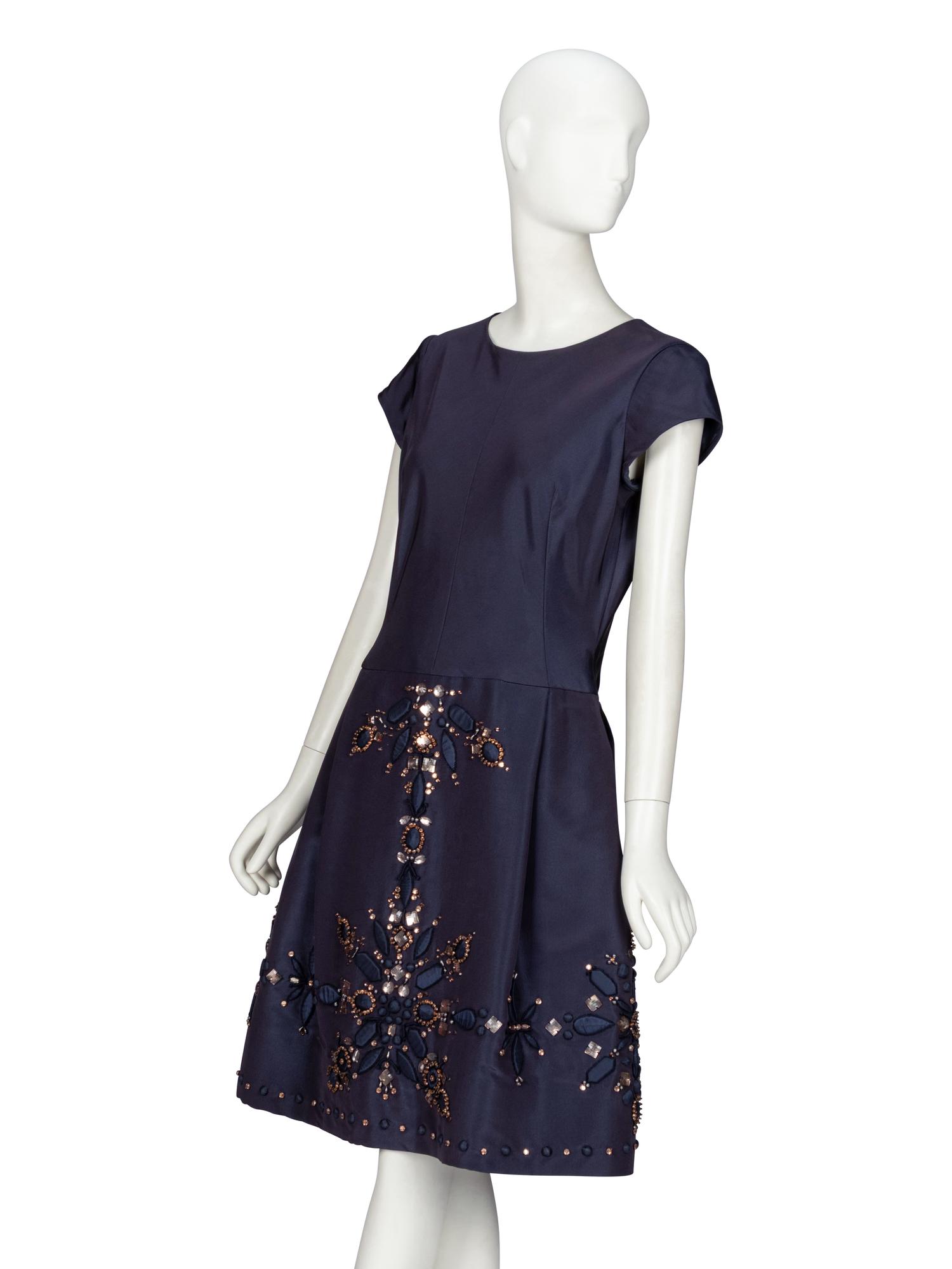 Oscar de la Renta, Embellished Navy Silk Dress