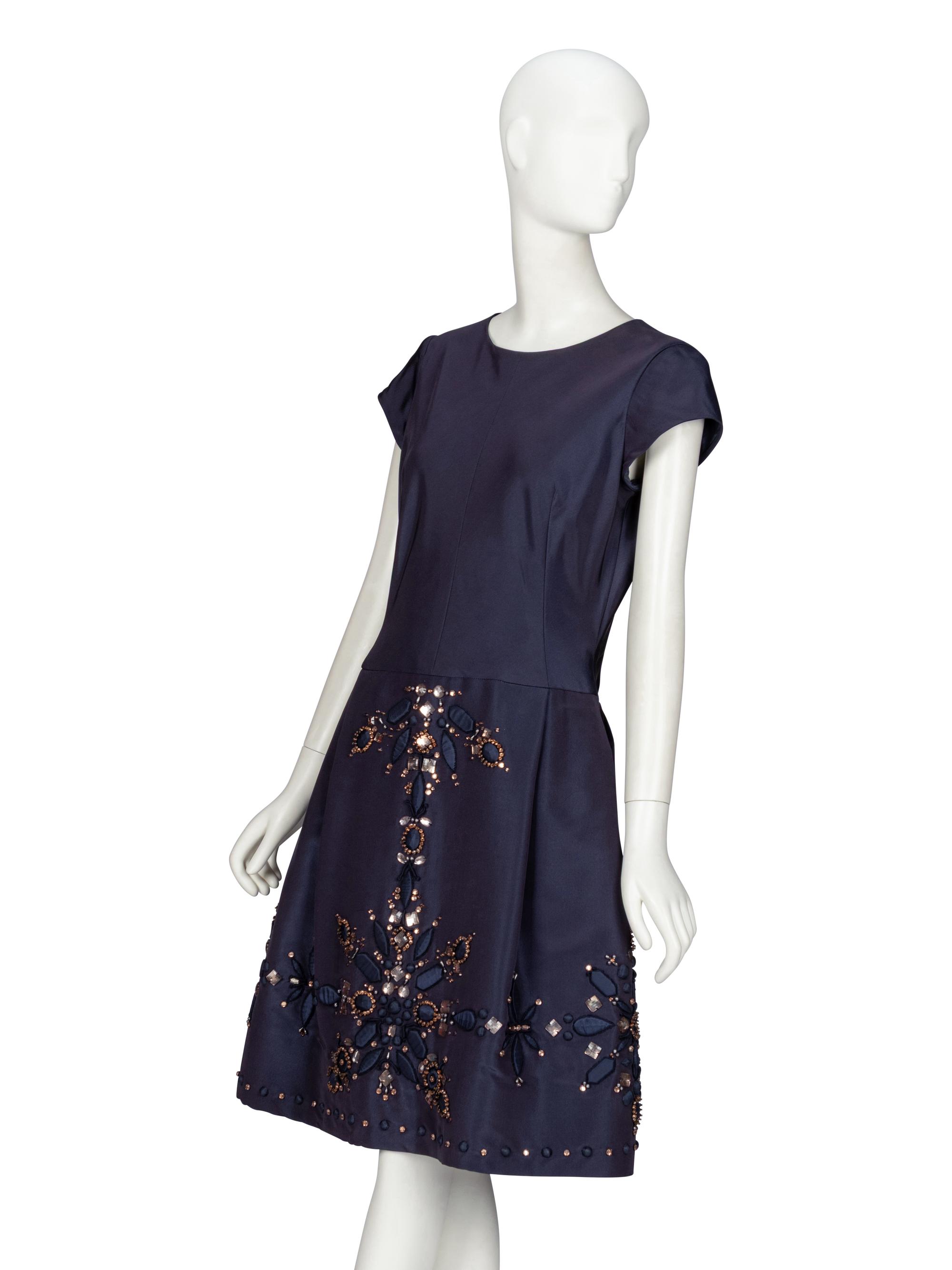 Oscar de la Renta, Embellished Navy Silk Dress