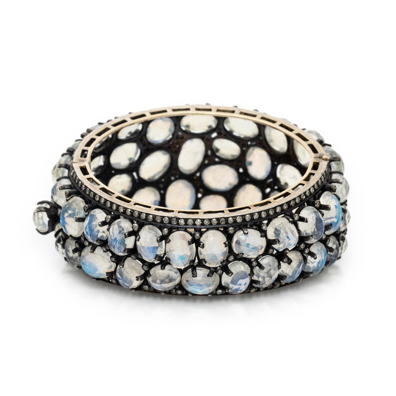 Blackened Silver, Yellow Gold, Faceted Moonstone, and Diamond Bangle Bracelet