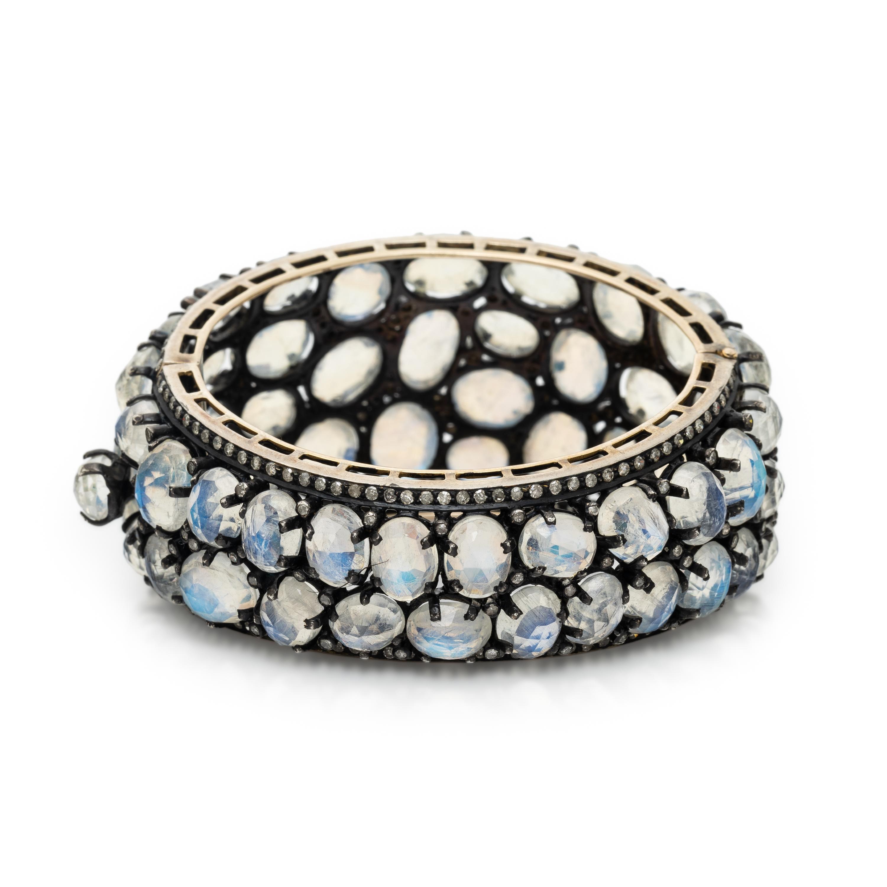 Blackened Silver, Yellow Gold, Faceted Moonstone, and Diamond Bangle Bracelet