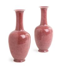 A Pair of Peachbloom Glazed Porcelain Chrysanthemum Vases Height 7 1/2 inches. — LATE QING DYNASTY/REPUBLIC PERIOD