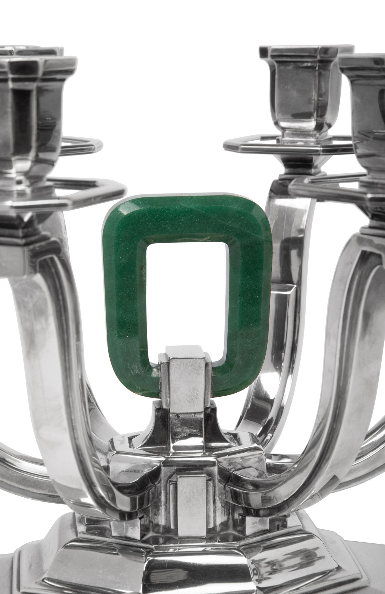 A Pair of French Silver and Aventurine Quartz Six-Light Candelabra