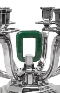 A Pair of French Silver and Aventurine Quartz Six-Light Candelabra