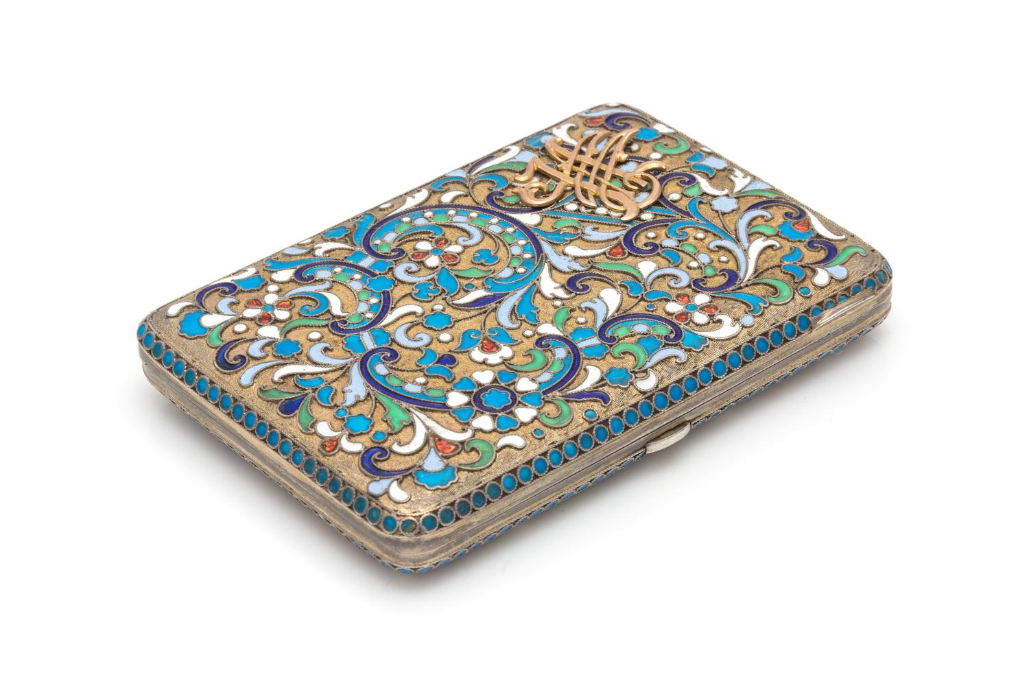 A Russian Silver-Gilt and Enameled Cigarette Case, Mark of Grigory Sbitnev, Moscow, 19th/20th Century, the case having polychrome flora