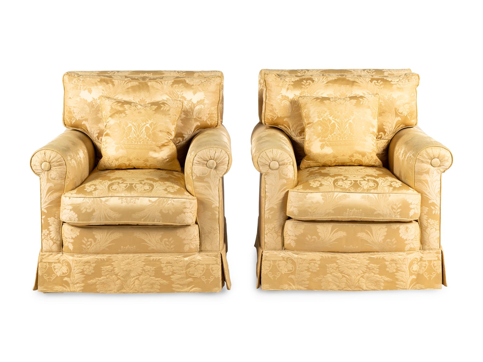 A Pair of Damask-Upholstered Easy Chairs