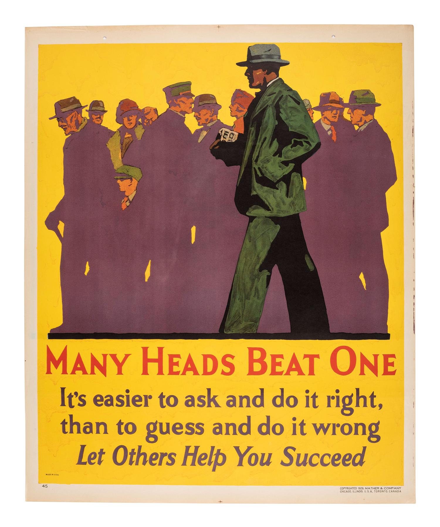 [POSTERS]. Many Heads Beat One. Chicago: Mather & Co., 1929.