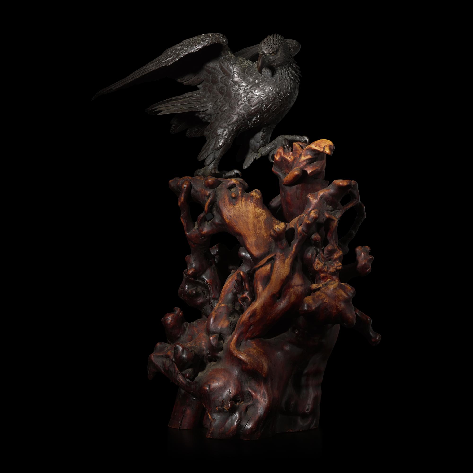 A Japanese Patinated Bronze Figure of an Eagle, Atsuyoshi for the Maruki Co. 丸木製厚義作銅鷹置物