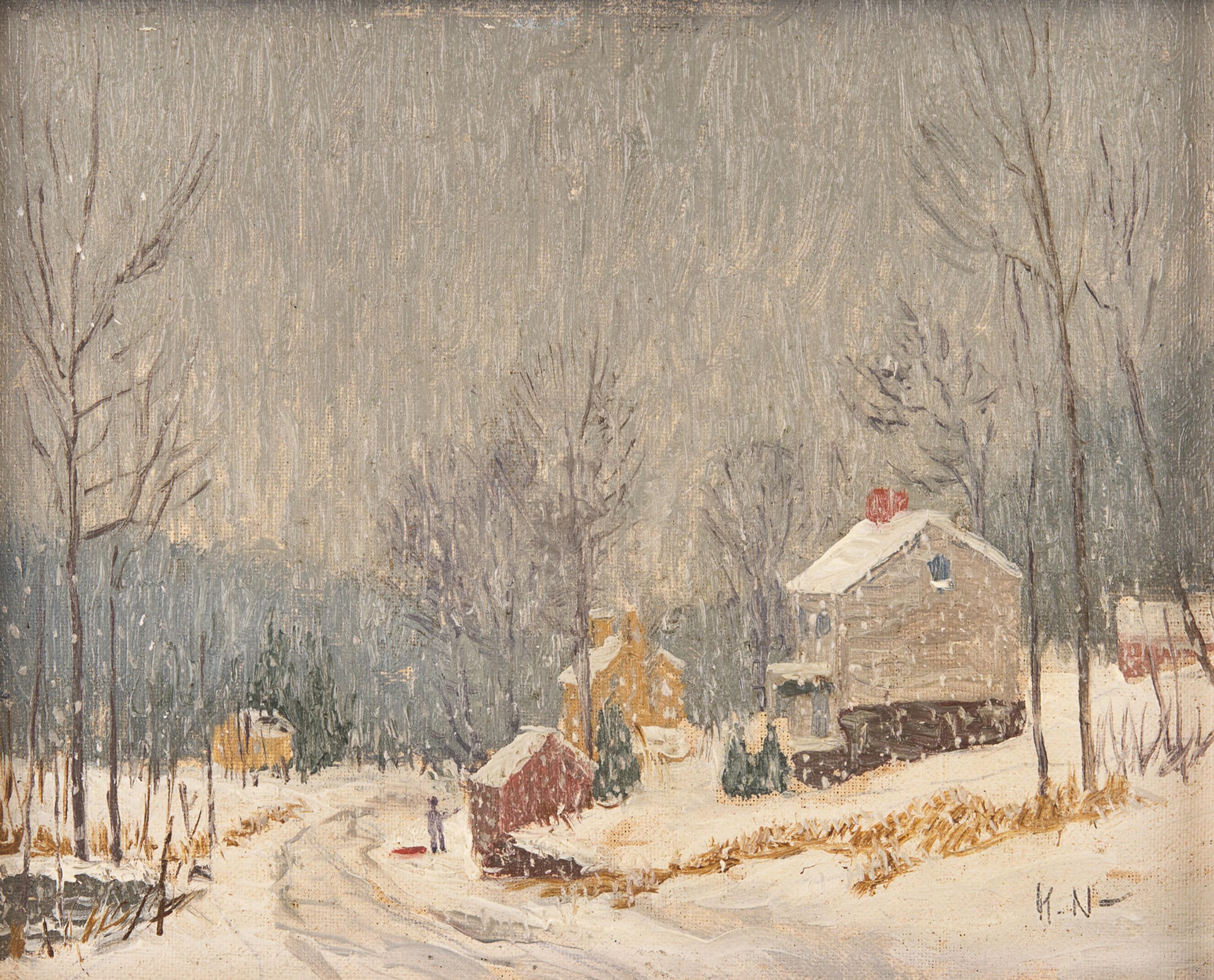 Kenneth R. Nunamaker (American, 1890-1957) and Alfred Nunamaker (American, 1915-1988) — Christmas Morning, Autumn, and The Brook (Three Works by Kenneth R. Nunamaker) ; together with Waterfall and Winter Brook (Two Works by Alfred Nunamaker)