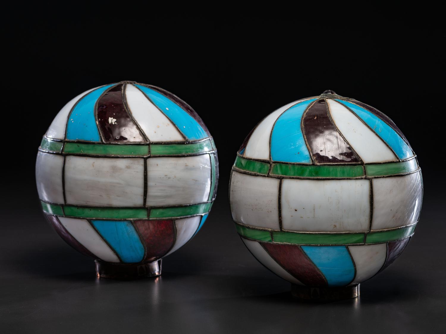 A Pair of Leaded Glass Barber Pole Globes