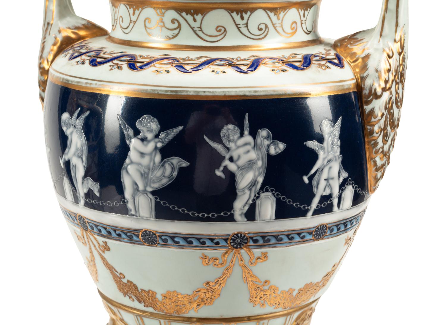 A Pair of Minton Style Pâte-sur-Pâte Porcelain Urns