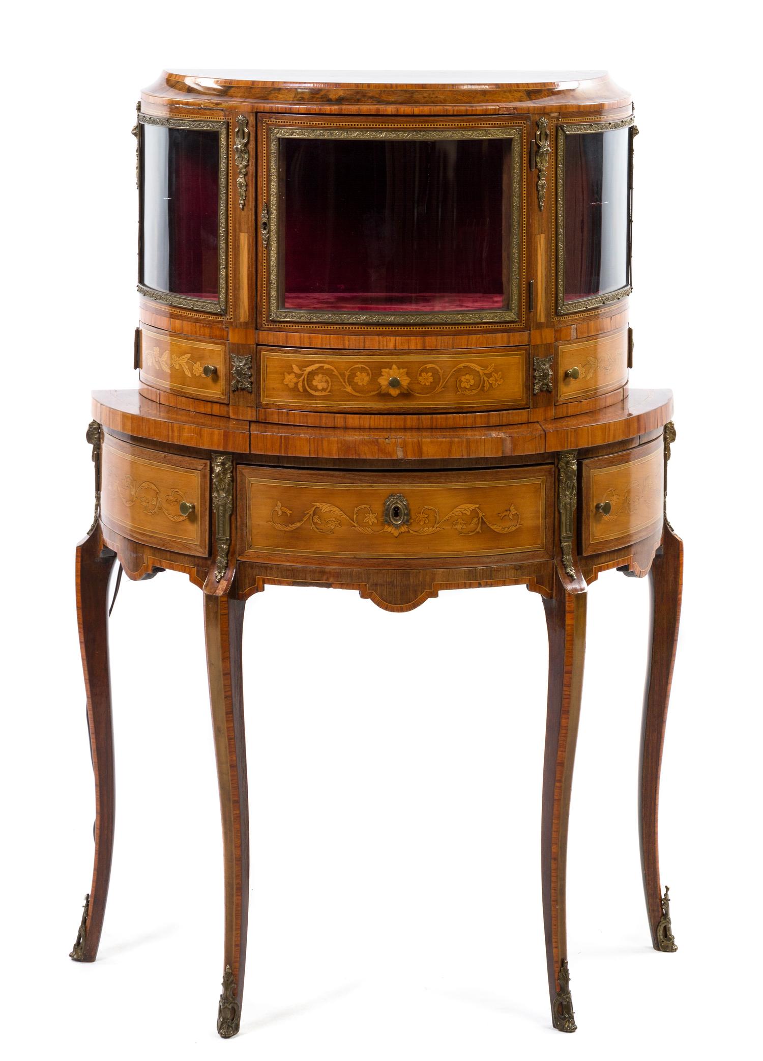 A French Transitional Style Gilt Metal Mounted Rosewood and Burl Walnut Vitrine, Height 46 x width 31 1/2 x depth 14 1/2 inches.