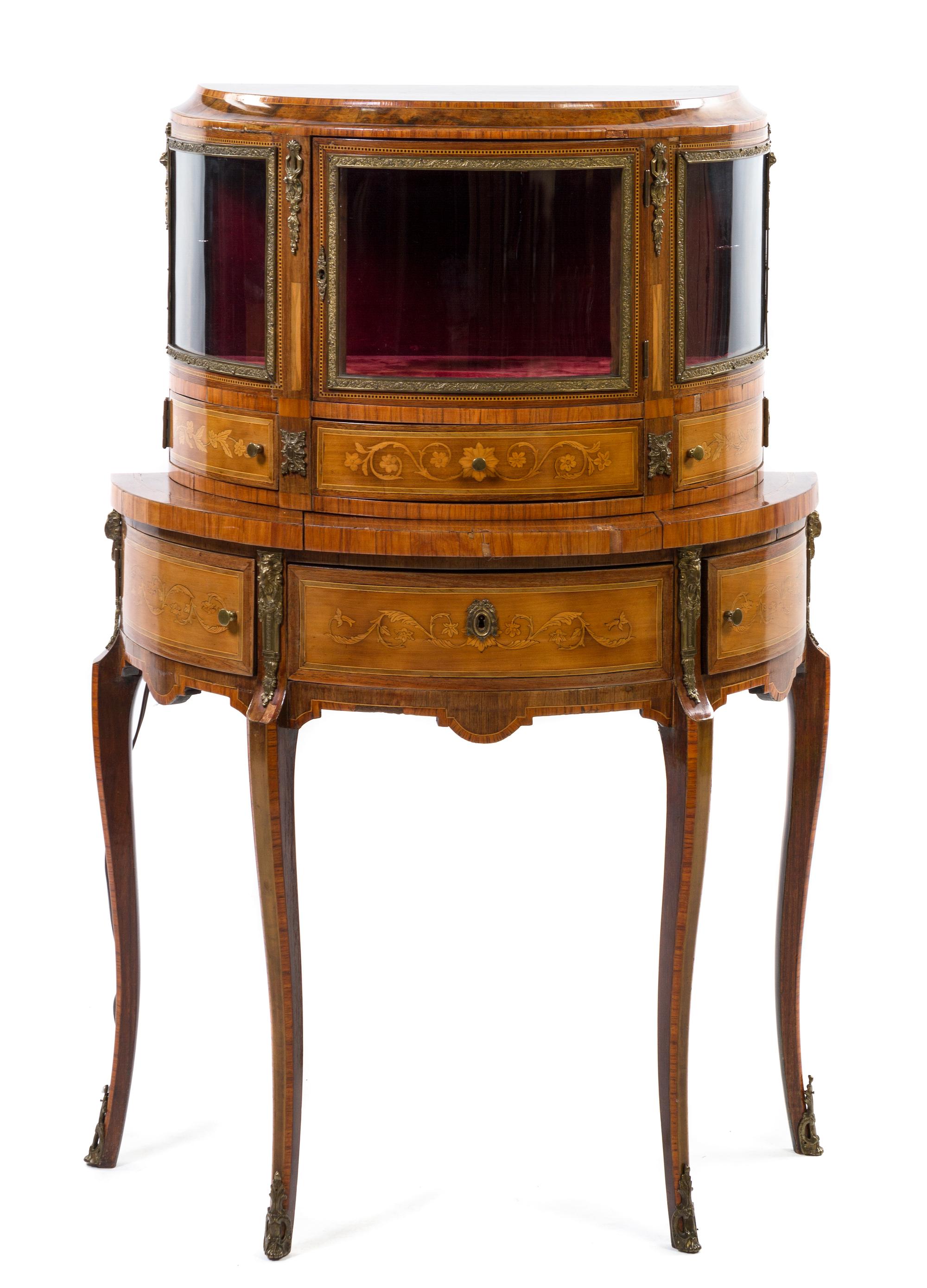 A French Transitional Style Gilt Metal Mounted Rosewood and Burl Walnut Vitrine, Height 46 x width 31 1/2 x depth 14 1/2 inches.