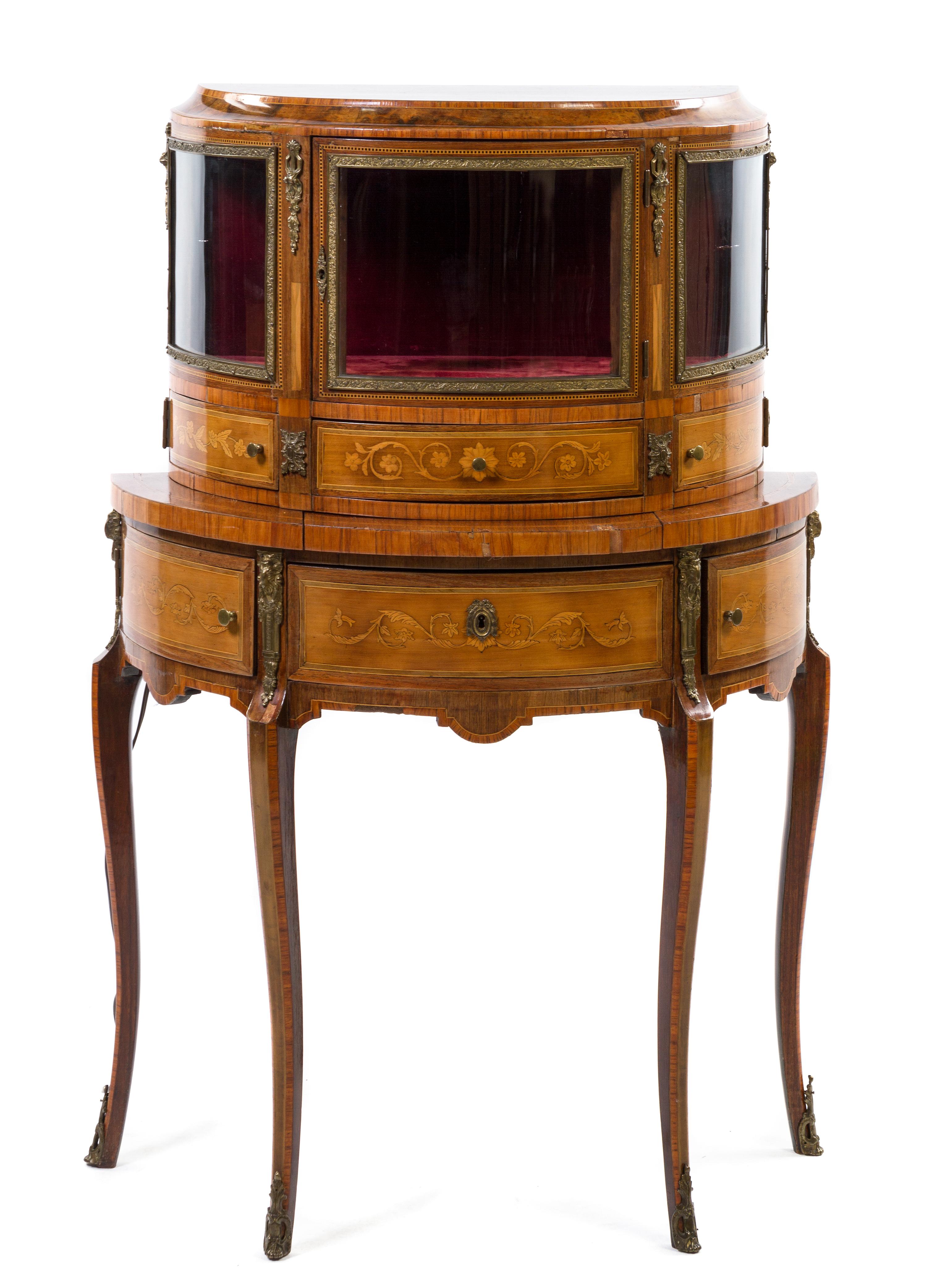 A French Transitional Style Gilt Metal Mounted Rosewood and Burl Walnut Vitrine, Height 46 x width 31 1/2 x depth 14 1/2 inches.