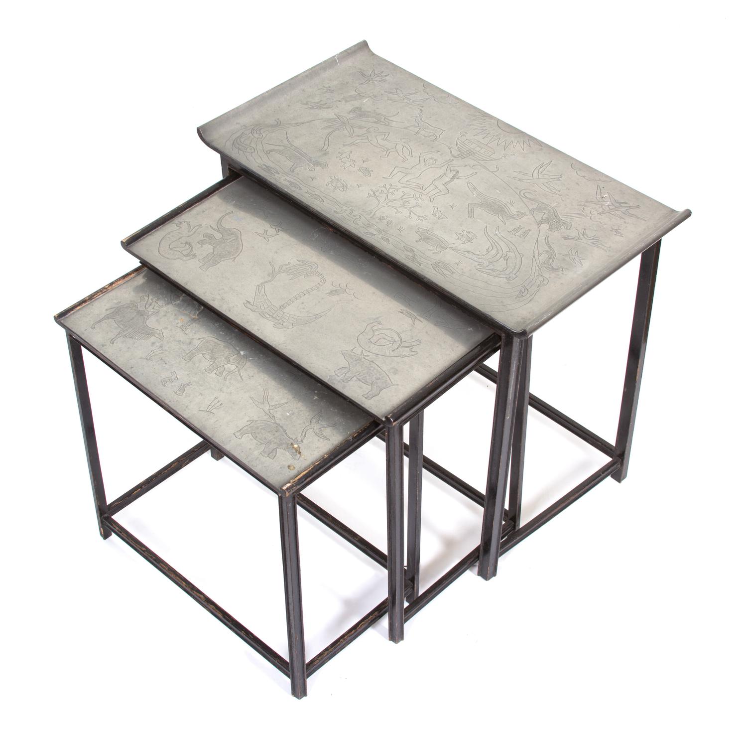 A Nest of Three Chased Pewter Top Tables Height of largest 21 1/2 x 24 x 13 3/4 inches. — 20TH CENTURY