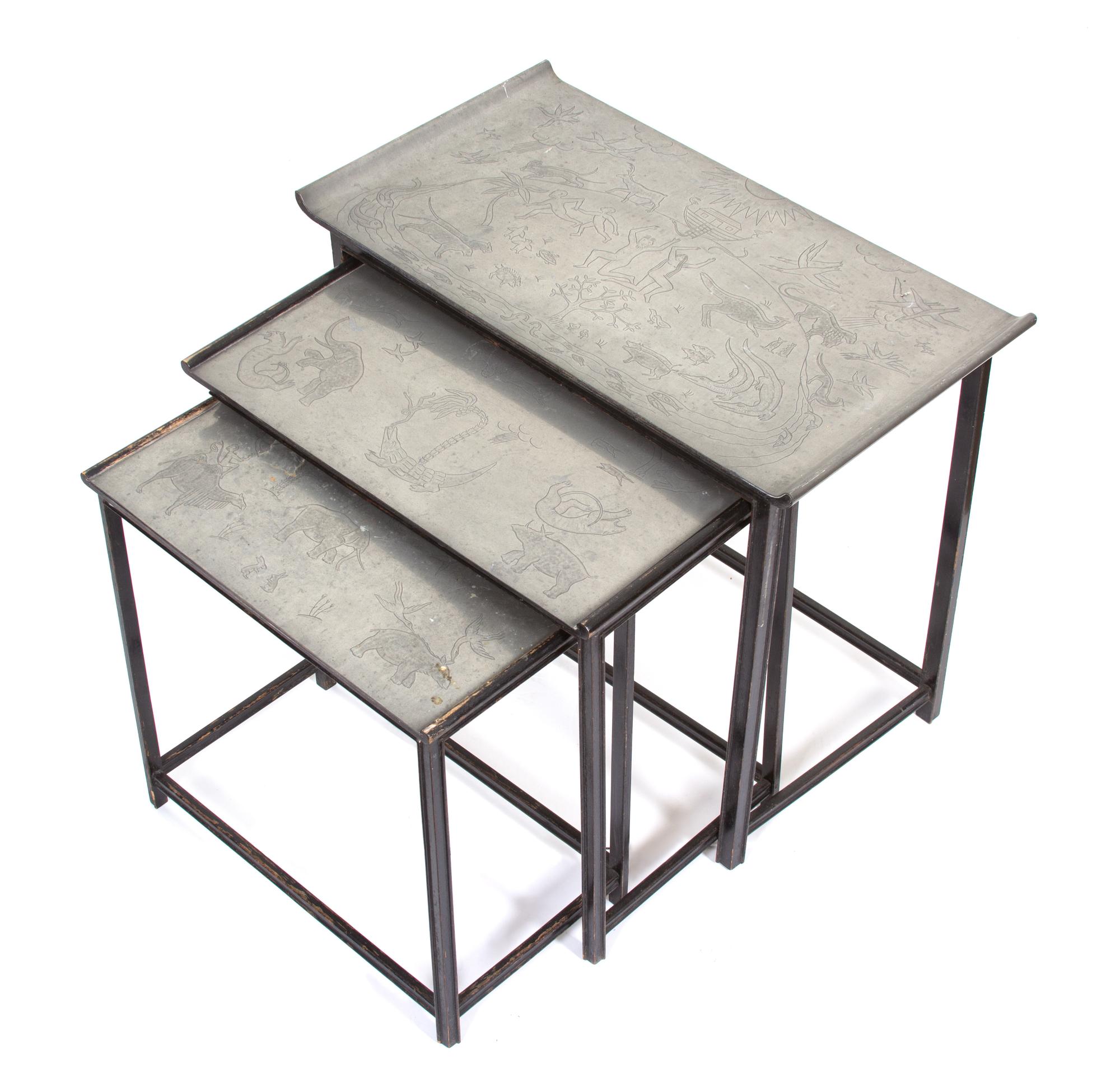 A Nest of Three Chased Pewter Top Tables Height of largest 21 1/2 x 24 x 13 3/4 inches. — 20TH CENTURY