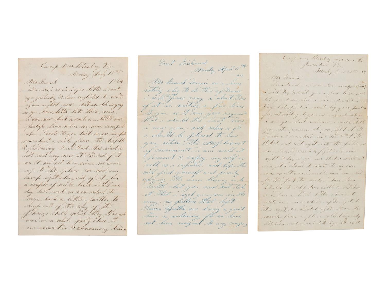 [CIVIL WAR]. 3 letters from D. H. Barber, 6th NY Heavy Artillery, incl. battle content from Brandy Station, the Wilderness, and Bethesda Church.