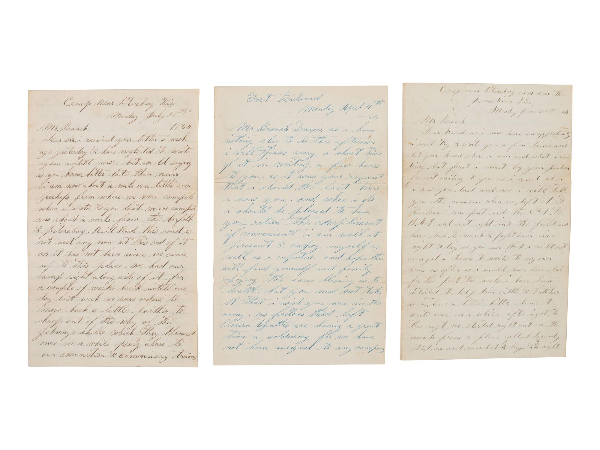 [CIVIL WAR]. 3 letters from D. H. Barber, 6th NY Heavy Artillery, incl. battle content from Brandy Station, the Wilderness, and Bethesda Church.