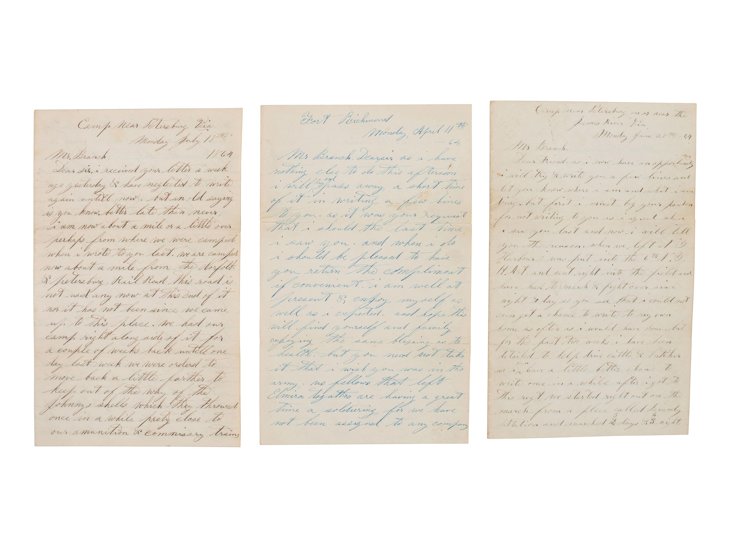 [CIVIL WAR]. 3 letters from D. H. Barber, 6th NY Heavy Artillery, incl. battle content from Brandy Station, the Wilderness, and Bethesda Church.