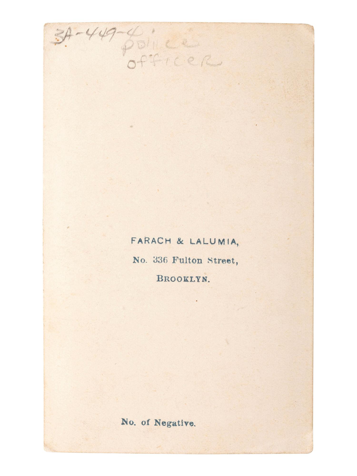 [EARLY PHOTOGRAPHY]. FARACH & LALUMIA, photographers. CDV of New York City police officer. Brooklyn, NY: ca 1860s.