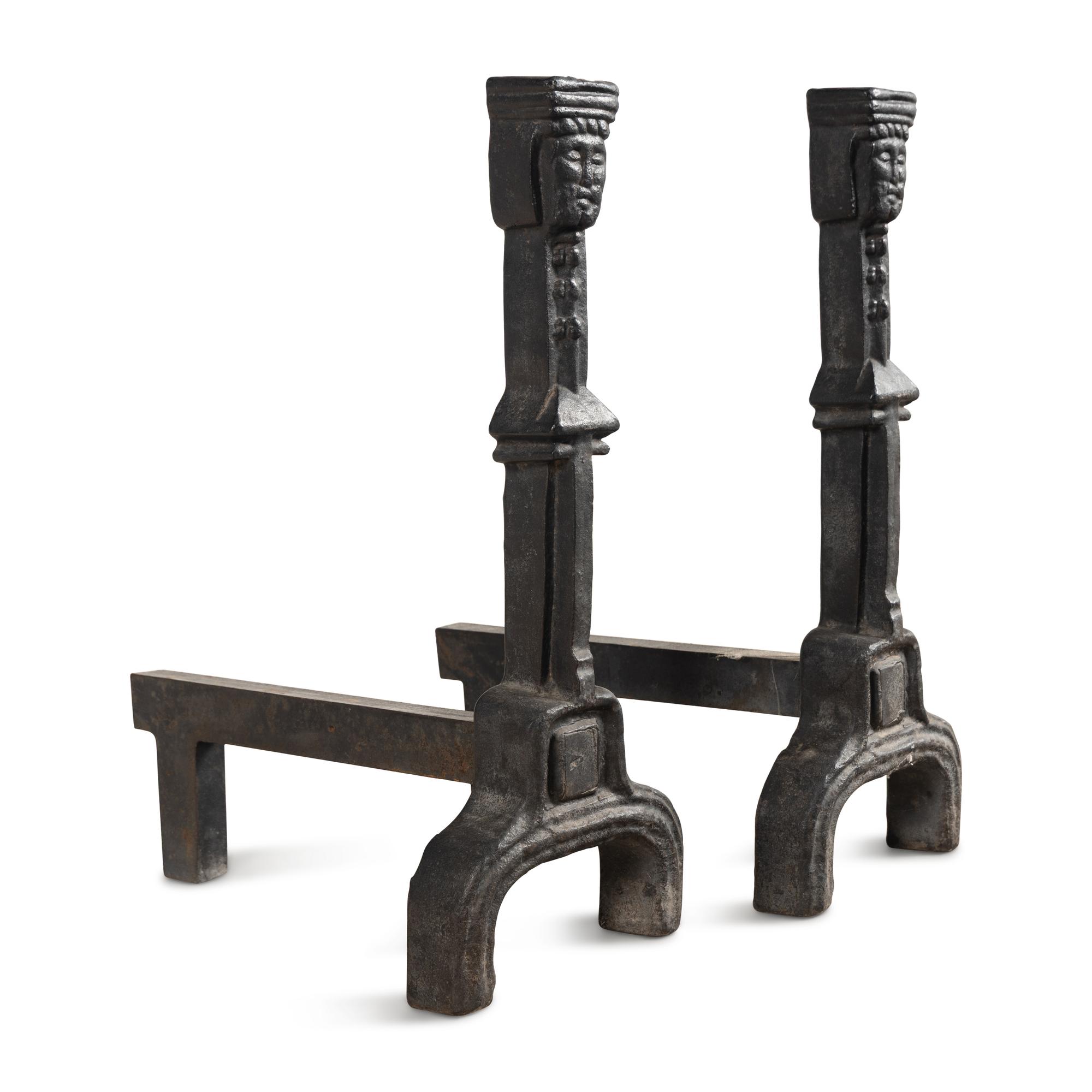 A Pair of Gothic Style Iron Andirons