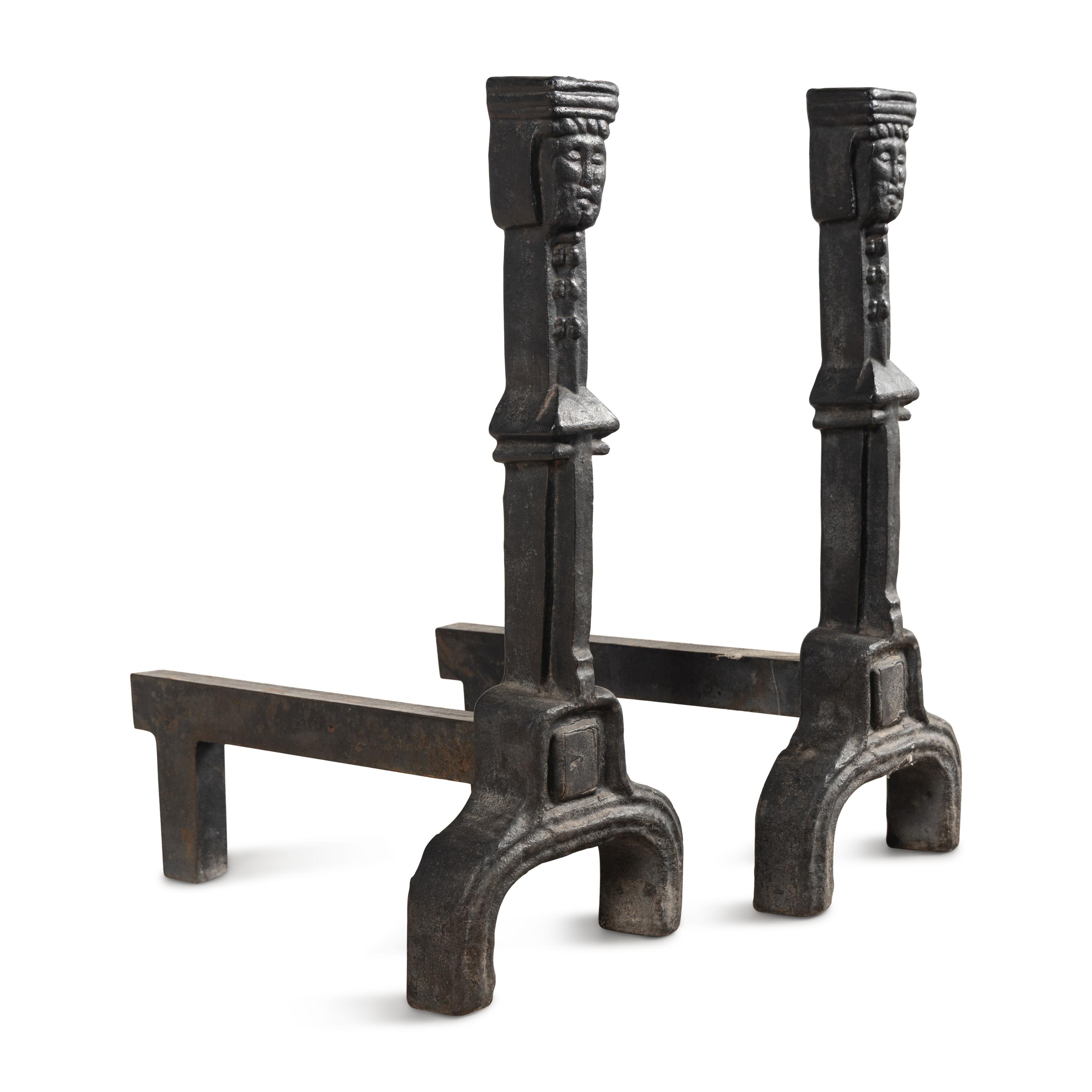 A Pair of Gothic Style Iron Andirons