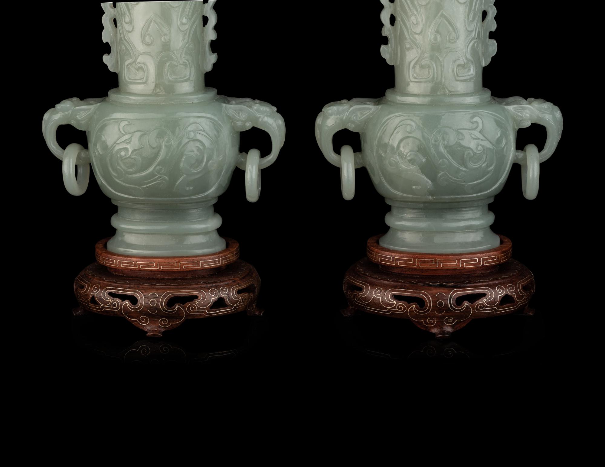 A Pair of Chinese Nephrite Double-Handle Vases