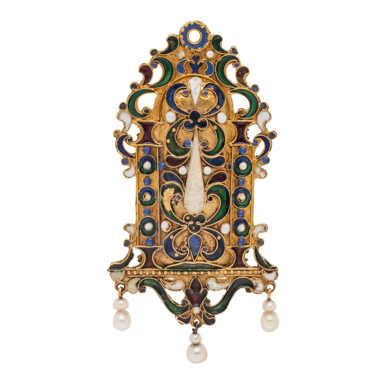 RENAISSANCE, YELLOW GOLD, MULTIGEM AND POLYCHROME ENAMEL PENDANT
