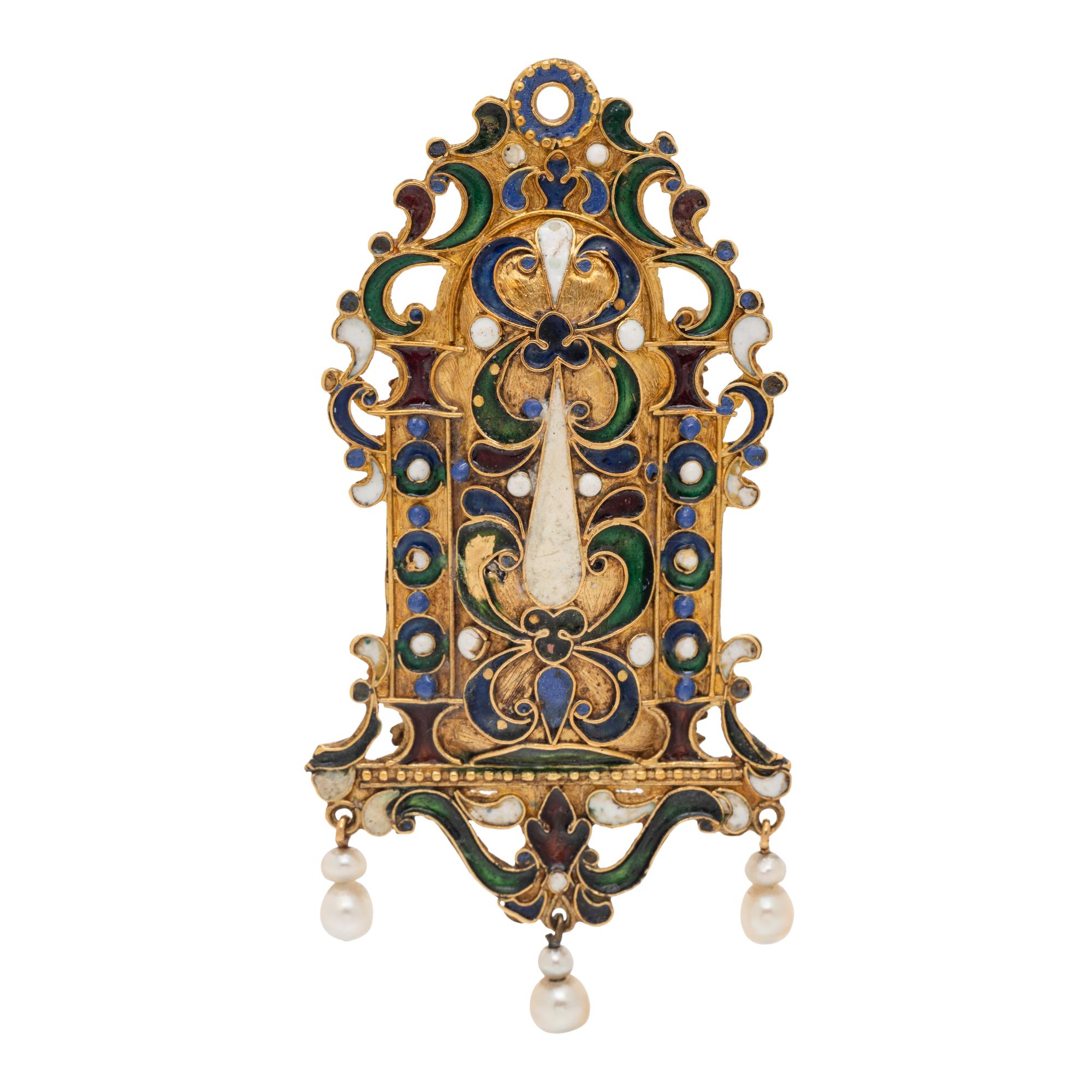 RENAISSANCE, YELLOW GOLD, MULTIGEM AND POLYCHROME ENAMEL PENDANT