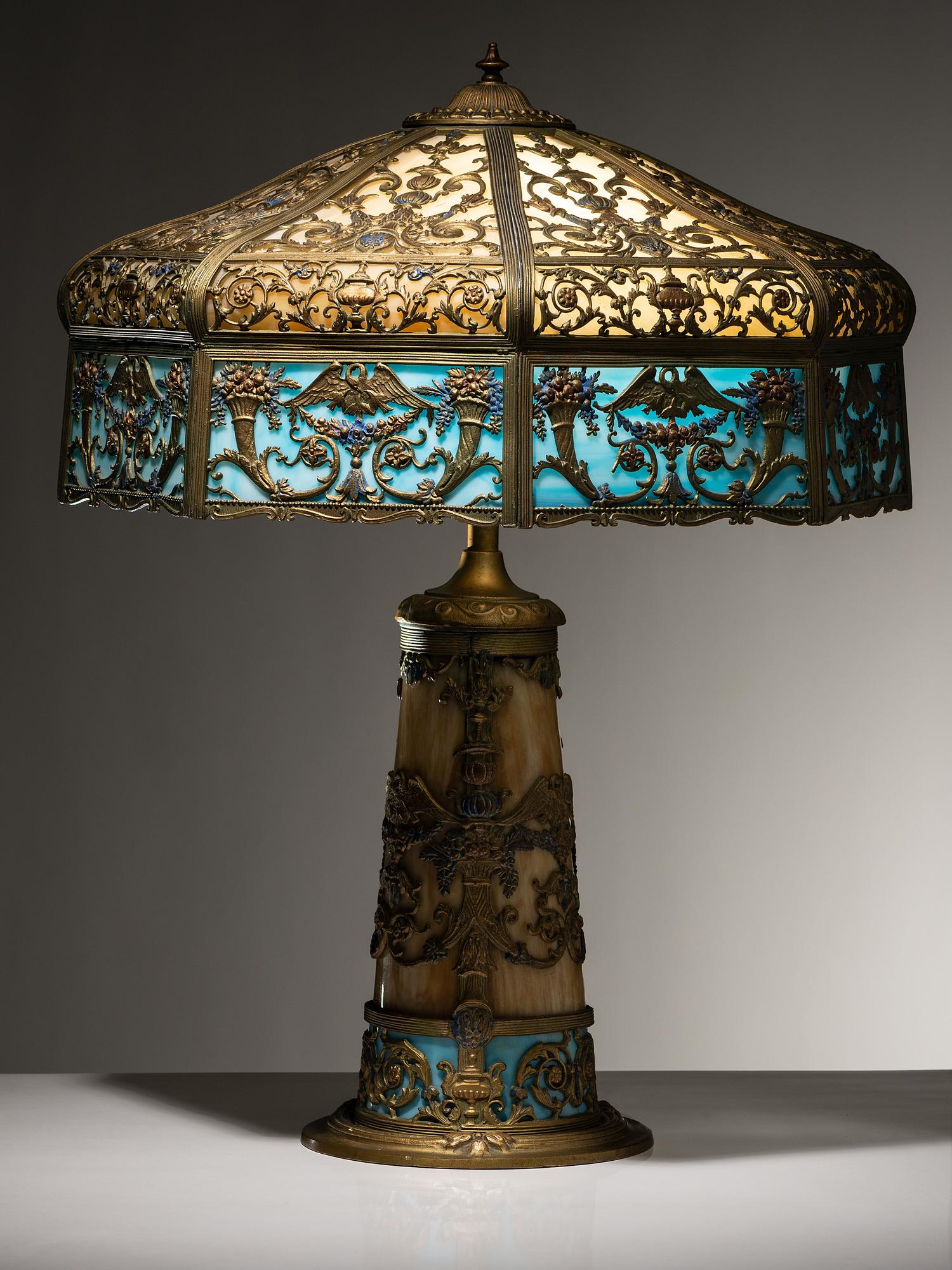 Slag Glass Lamp with Lighted Base