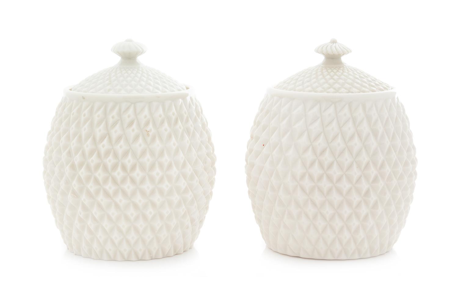 Two Belleek Diamond Biscuit Jars Height 7 inches. — SECOND BLACK AND FOURTH GREEN MARKS (1891-1955)