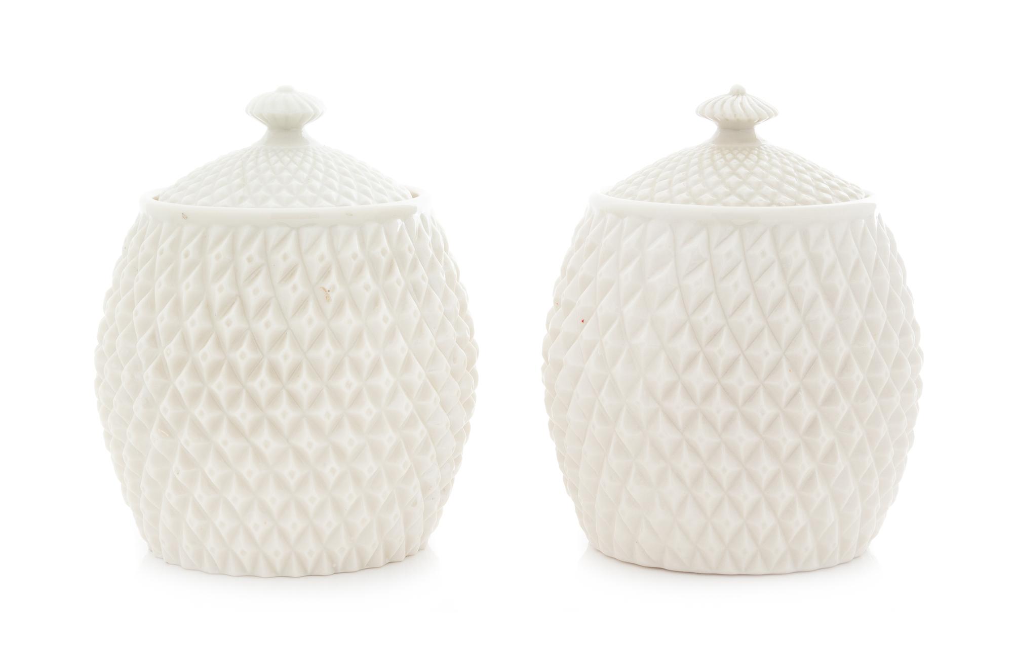 Two Belleek Diamond Biscuit Jars Height 7 inches. — SECOND BLACK AND FOURTH GREEN MARKS (1891-1955)