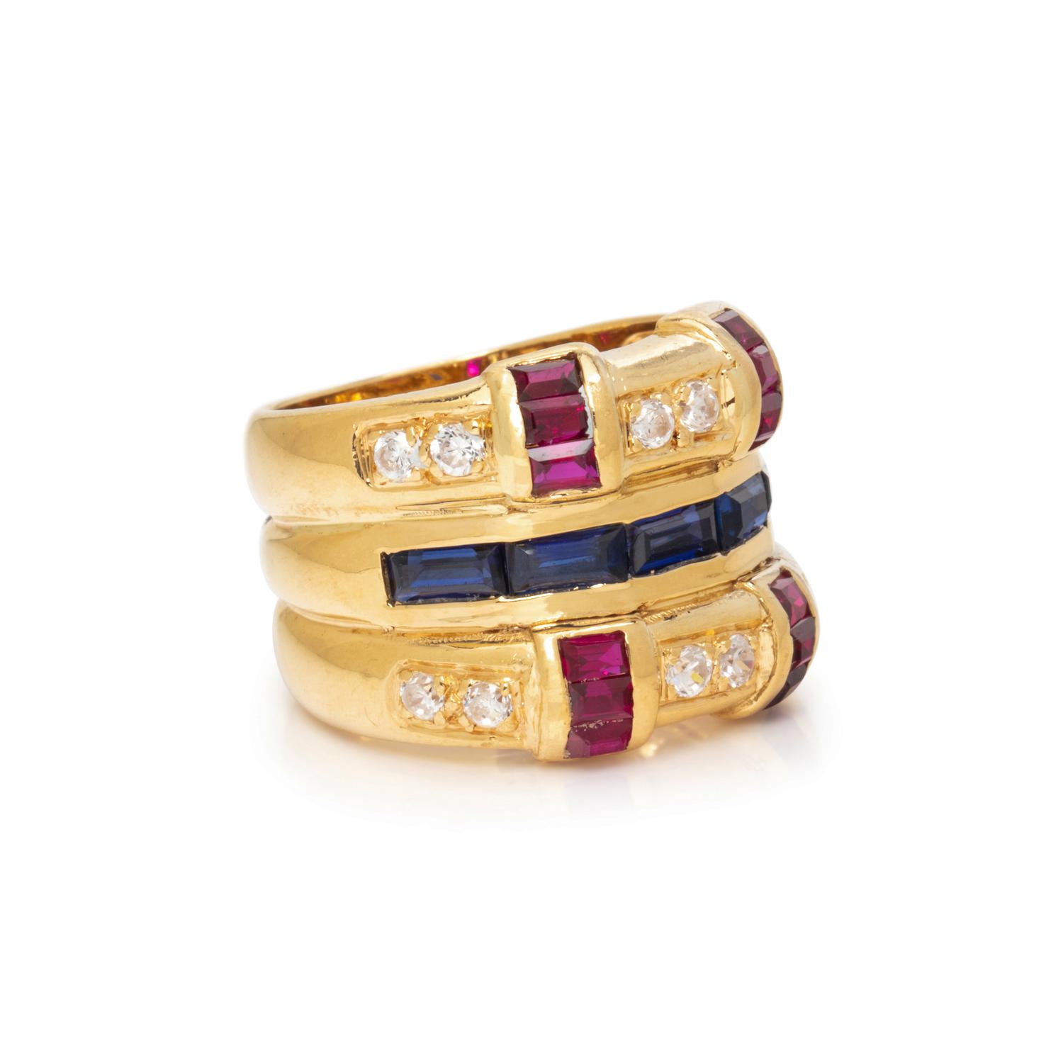 YELLOW GOLD, SYNTHETIC SAPPHIRE AND SYNTHETIC RUBY RING