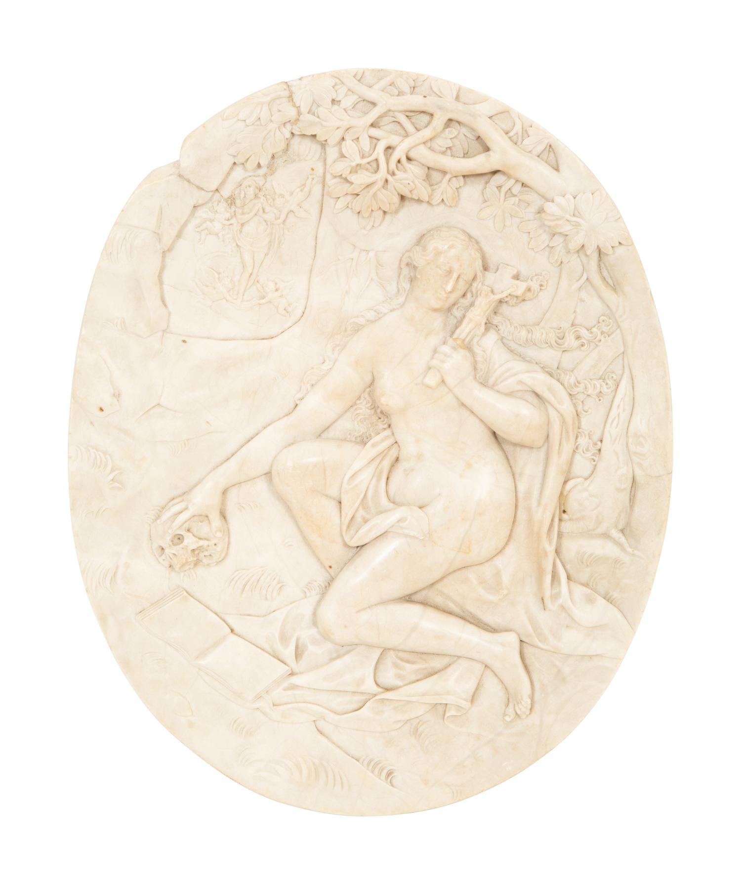 A Continental Carved Bas Relief Marble Devotional Plaque