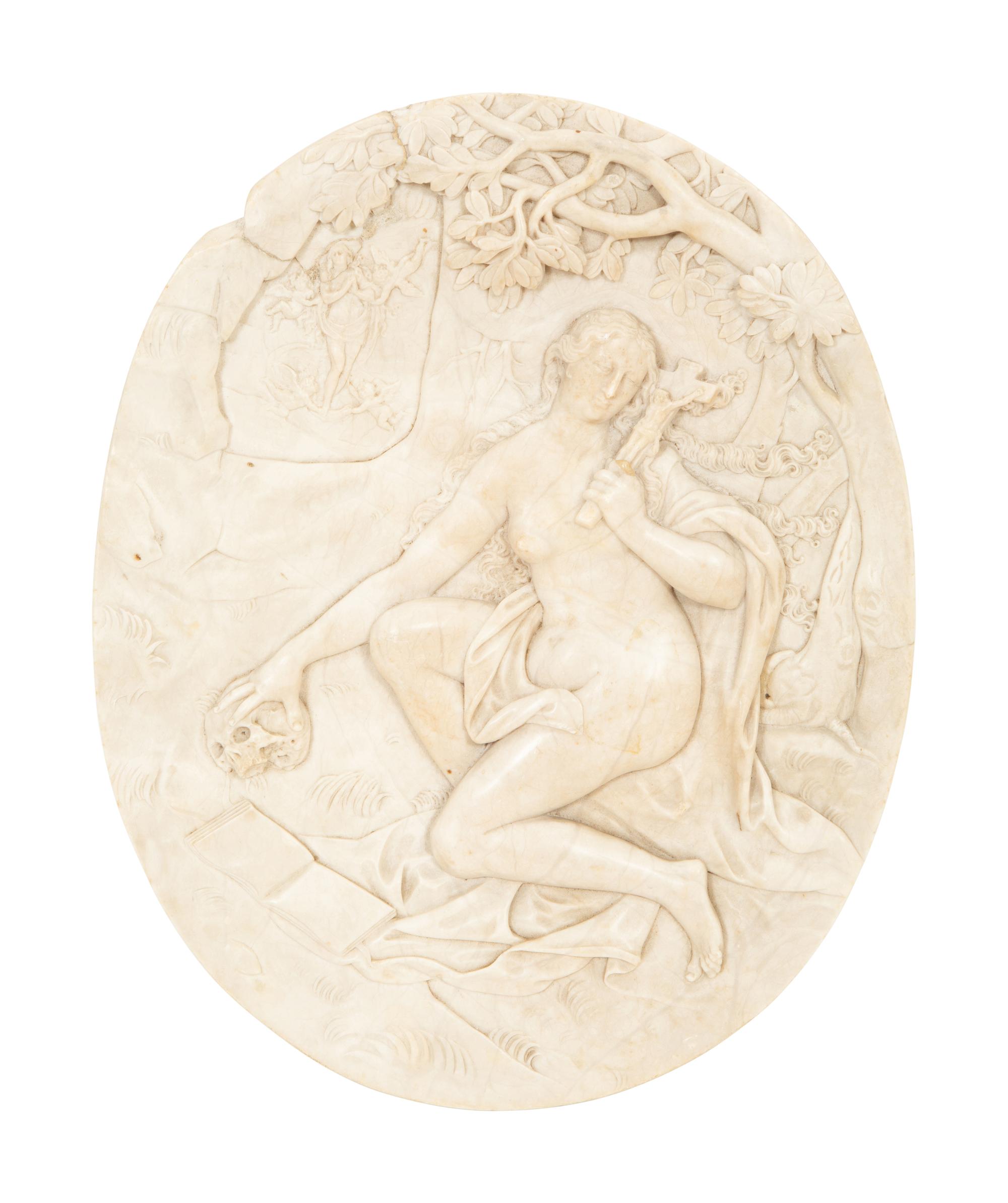 A Continental Carved Bas Relief Marble Devotional Plaque
