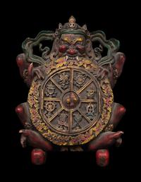 A Mongolian Metal Inset Painted Wood Figure of a Bodhisattva