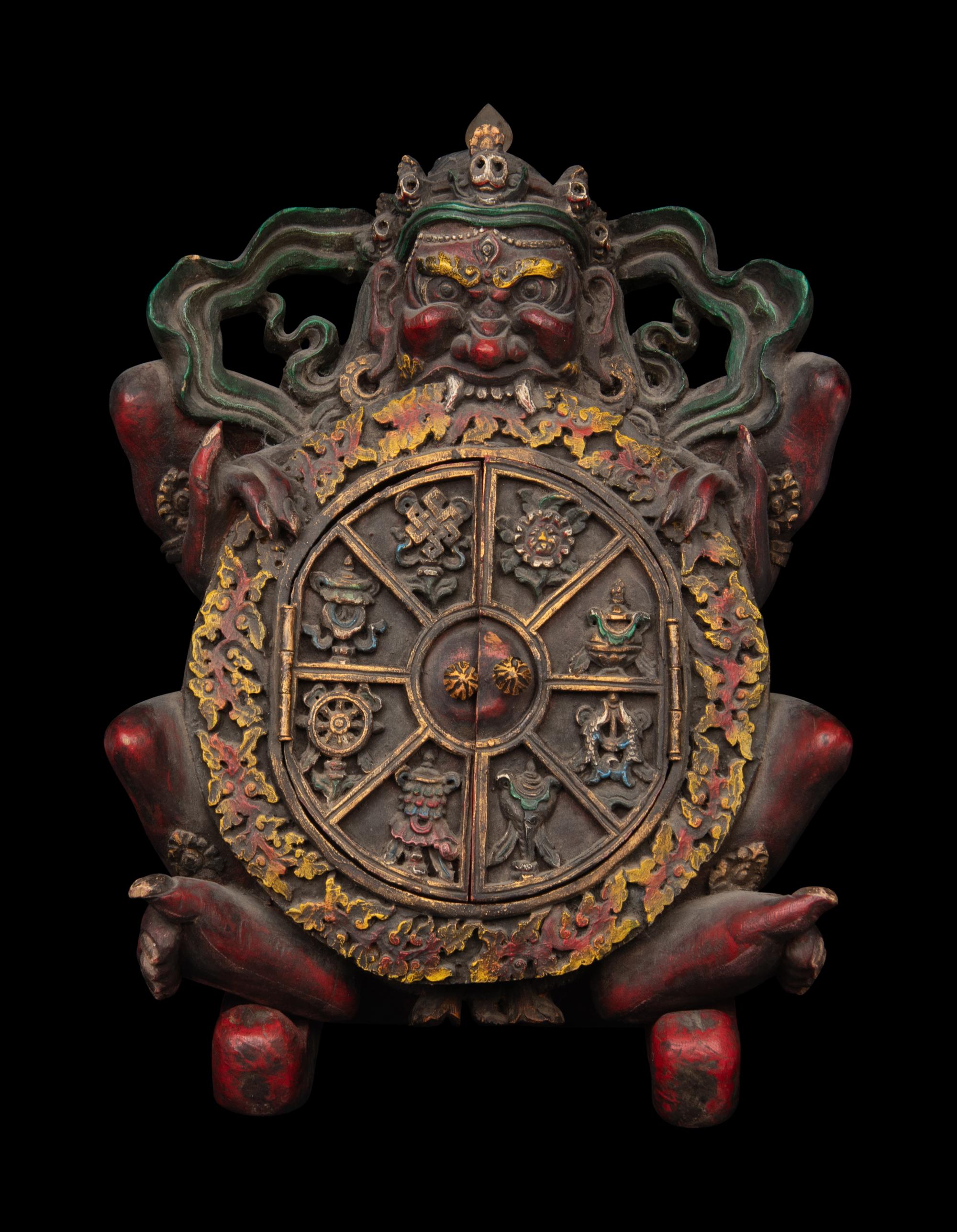 A Mongolian Metal Inset Painted Wood Figure of a Bodhisattva