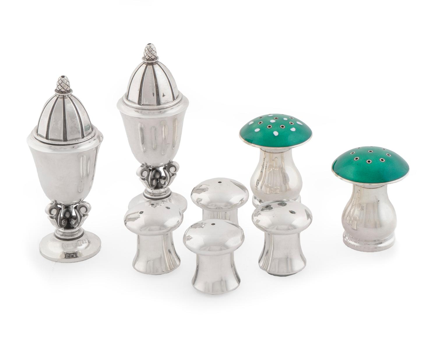 A Pair of Georg Jensen Silver Salt and Pepper Shakers — Designed by Johan Rhode, Acorn Pattern, Model 741, Post-1945