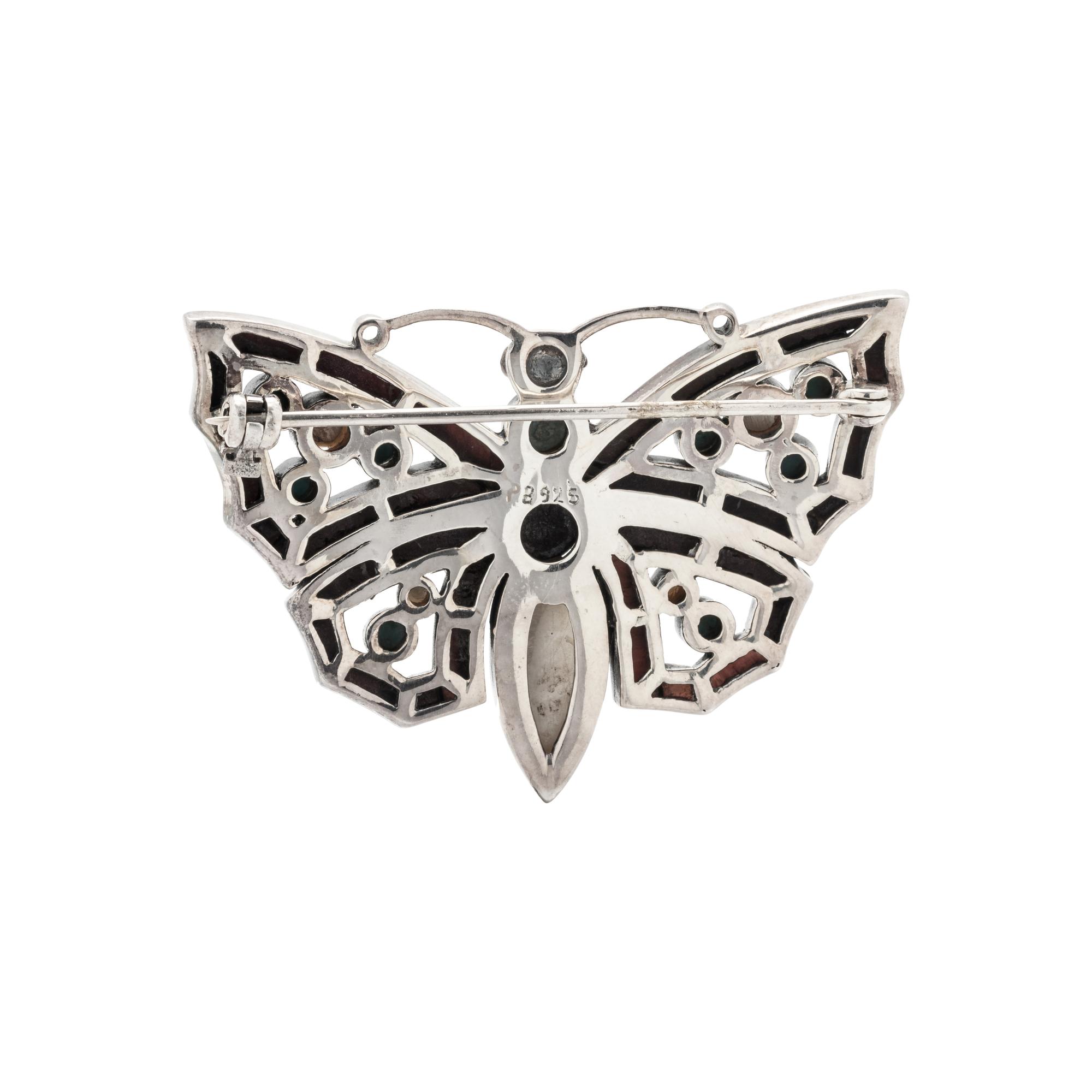 STERLING SILVER AND HARDSTONE BUTTERFLY BROOCH