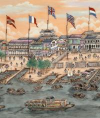 A Chinese Export Painted Plaque Depicting the Quay of Canton